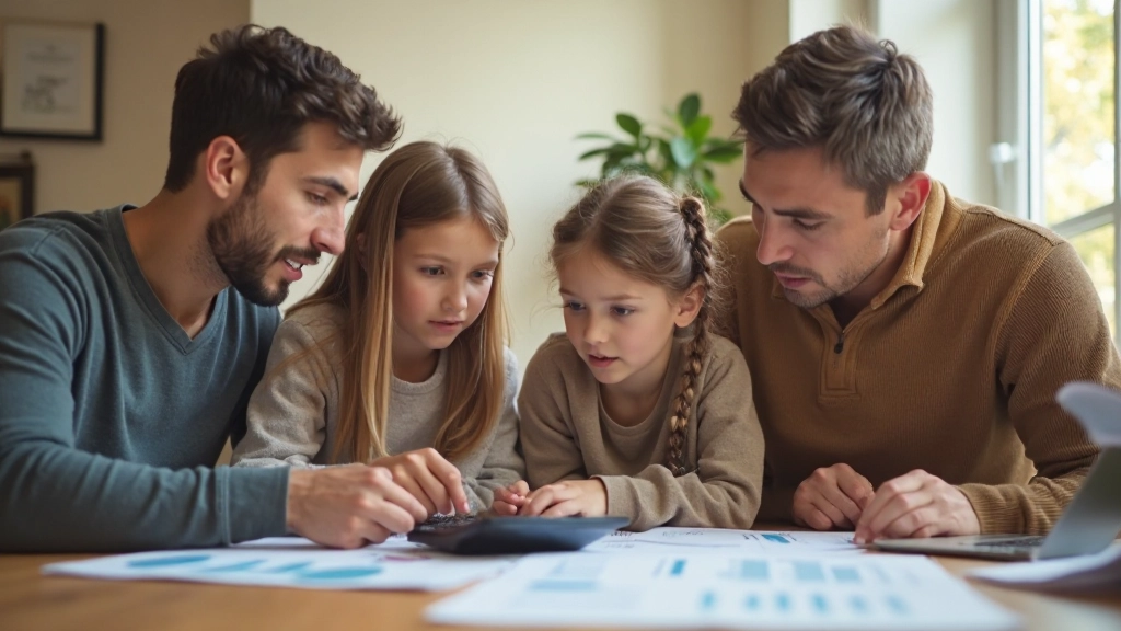 Семья планирует бюджет вместе за столом с документами и калькулятором