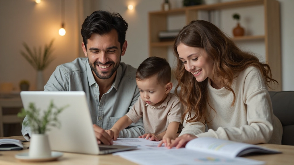 Семья обсуждает финансовые планы дома за столом с ноутбуком