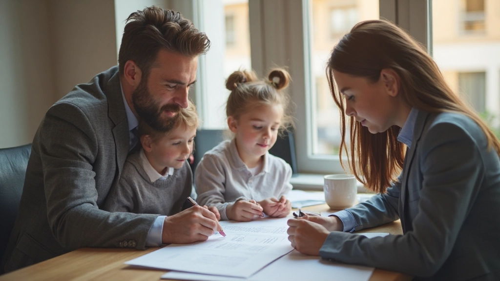 Агент по страхованию объясняет условия семейного страхового полиса родителям с ребенком