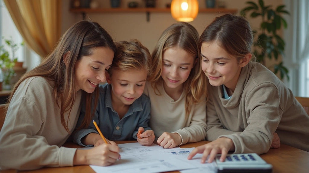Семья планирует бюджет вместе за столом с документами и калькулятором