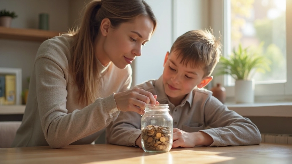 Родитель и ребенок вносят монеты в копилку для образования